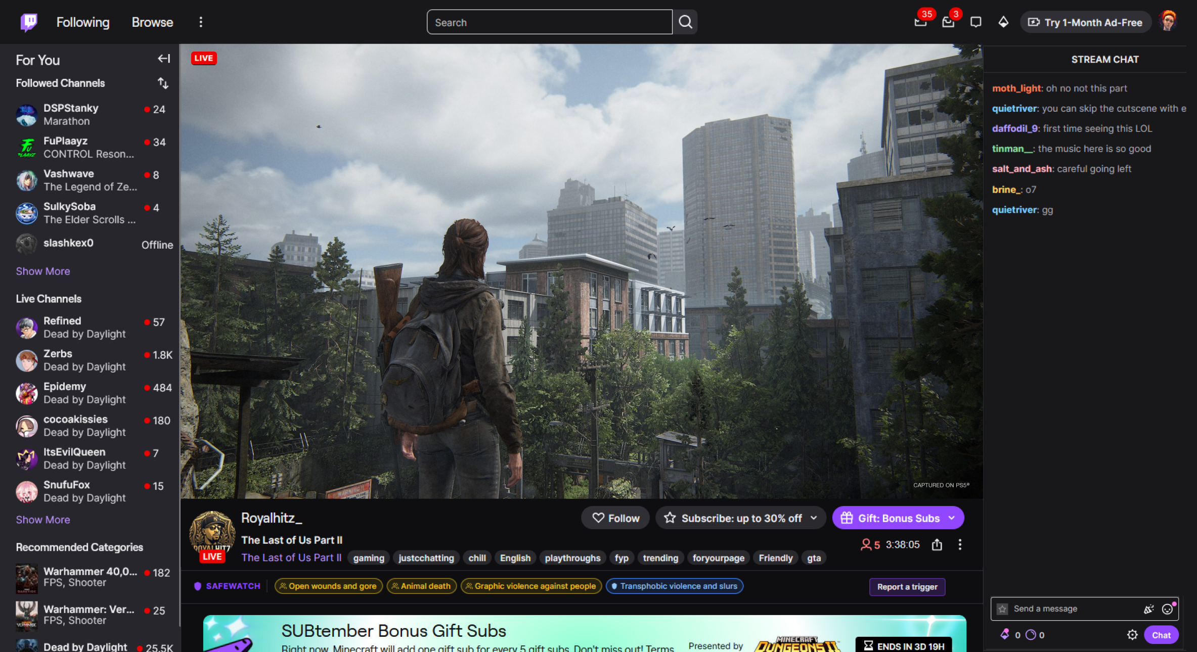 Concept mockup: a live The Last of Us Part II stream on Twitch. Below the stream&rsquo;s tags, a SafeWatch bar shows pills for Open wounds and gore, Animal death and Graphic violence against people in community amber, Transphobic violence and slurs in SafeWatch team blue, and a Report a trigger button.