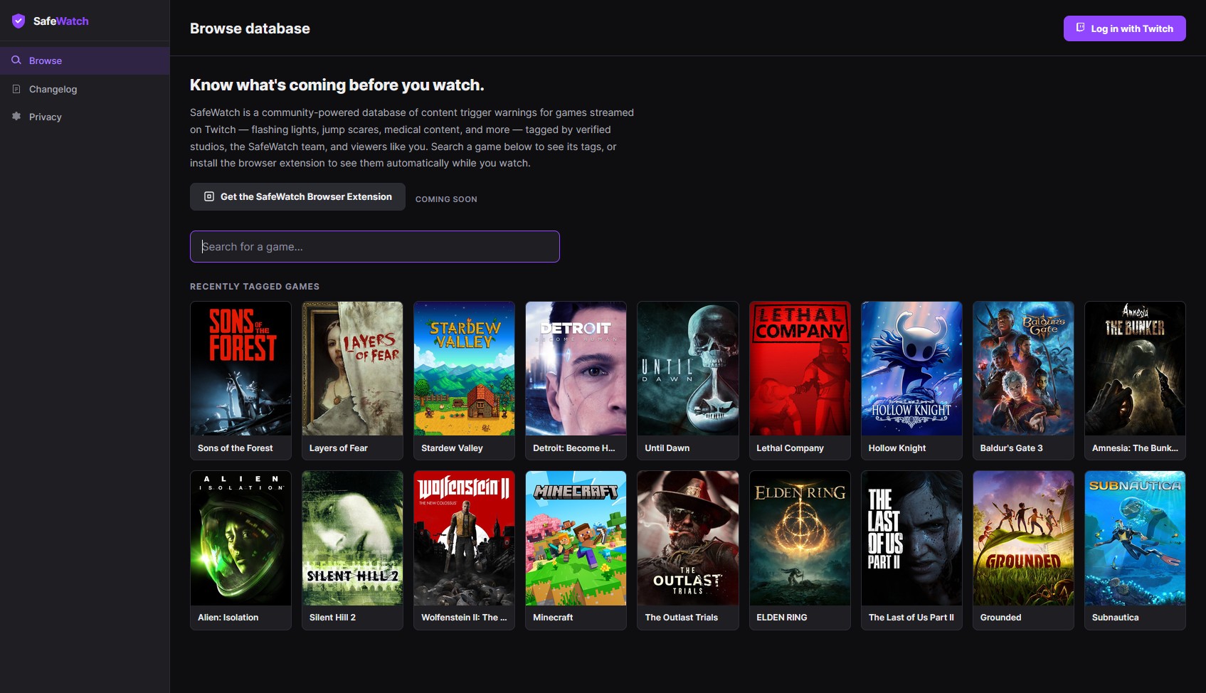 The SafeWatch public database. A dark, Twitch-styled page headed &ldquo;Know what&rsquo;s coming before you watch.&rdquo; with a short explanation, a browser extension button marked Coming soon, a game search field, and eighteen recently tagged games shown as box art in two rows, including Sons of the Forest, Layers of Fear, Lethal Company, Baldur&rsquo;s Gate 3 and ELDEN RING. A Log in with Twitch button sits at the top right.