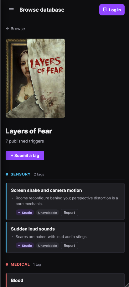 The Layers of Fear game page at phone width, with box art stacked above the title and each tag&rsquo;s badges and Report button wrapping below its context.