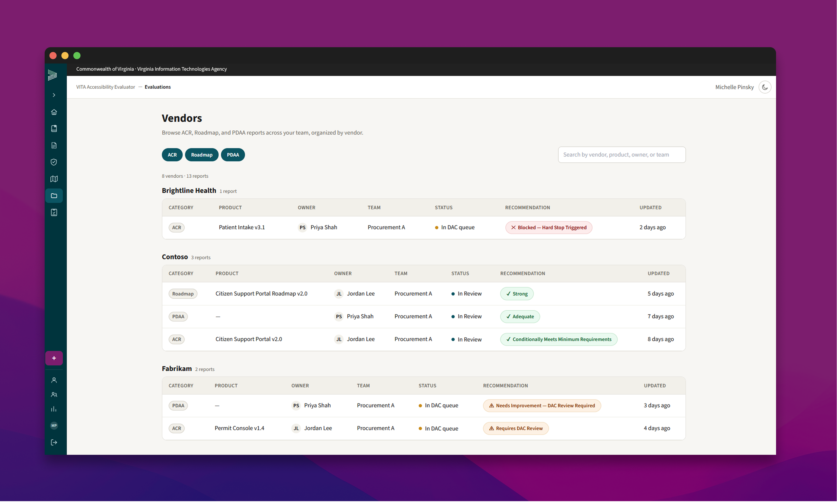 The Vendors page in the VITA Accessibility Evaluator, grouping each vendor&rsquo;s product, PDAA and roadmap evaluations with their status and recommendation.