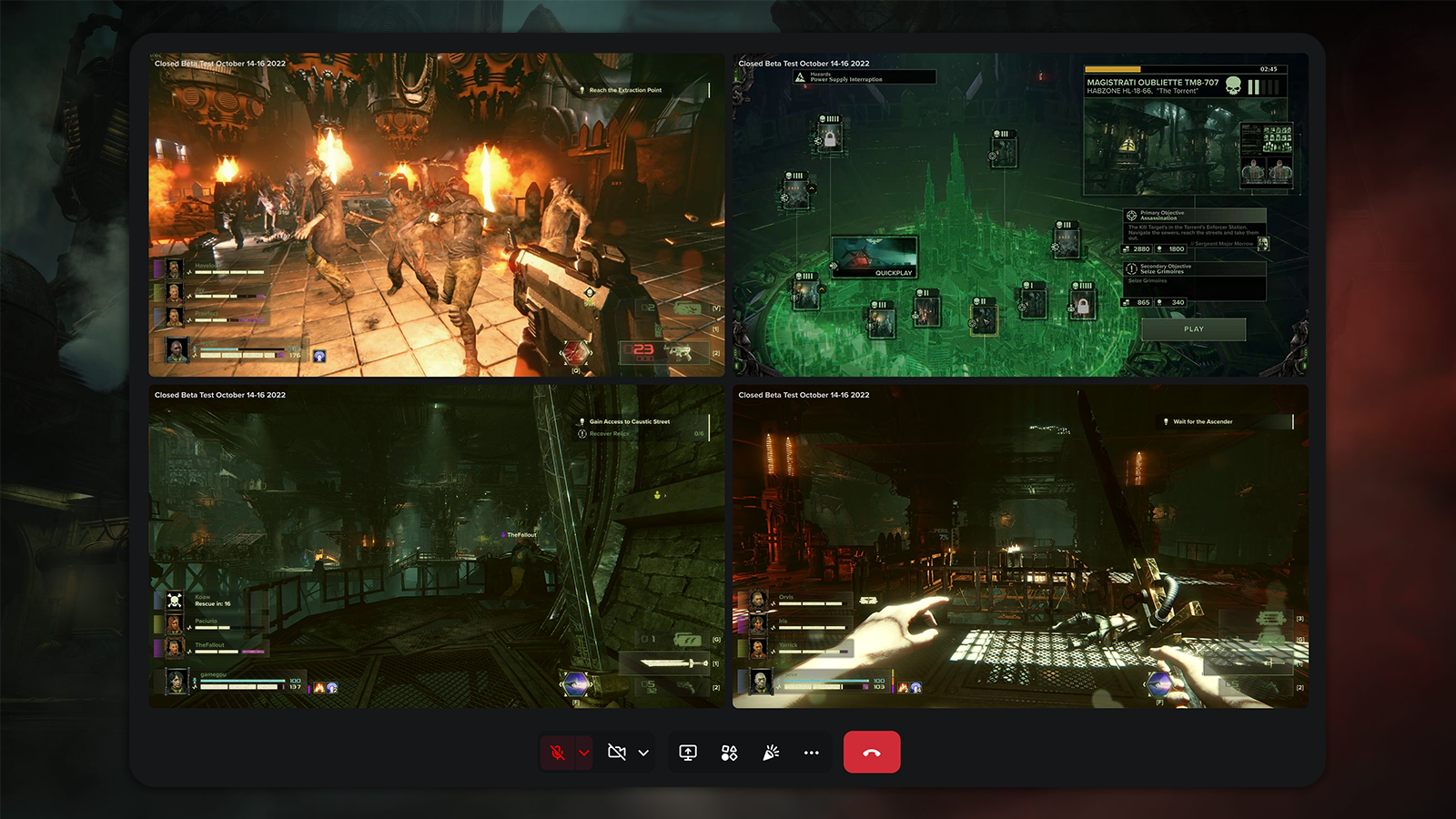 Four players sharing their gameplay via a Discord group call during playtesting.