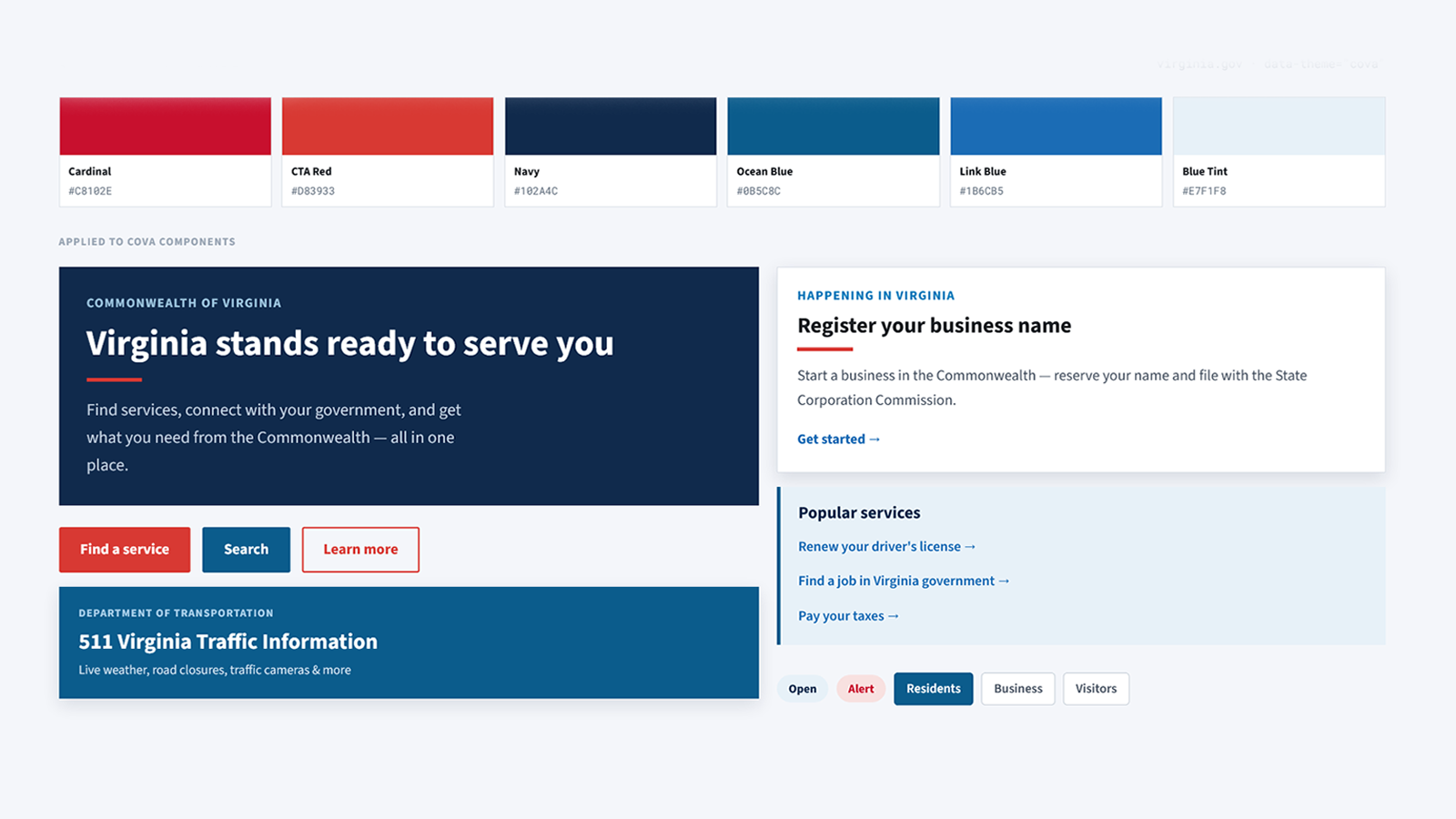 COVA Design System showing colour palette and applied components including the Virginia.gov homepage