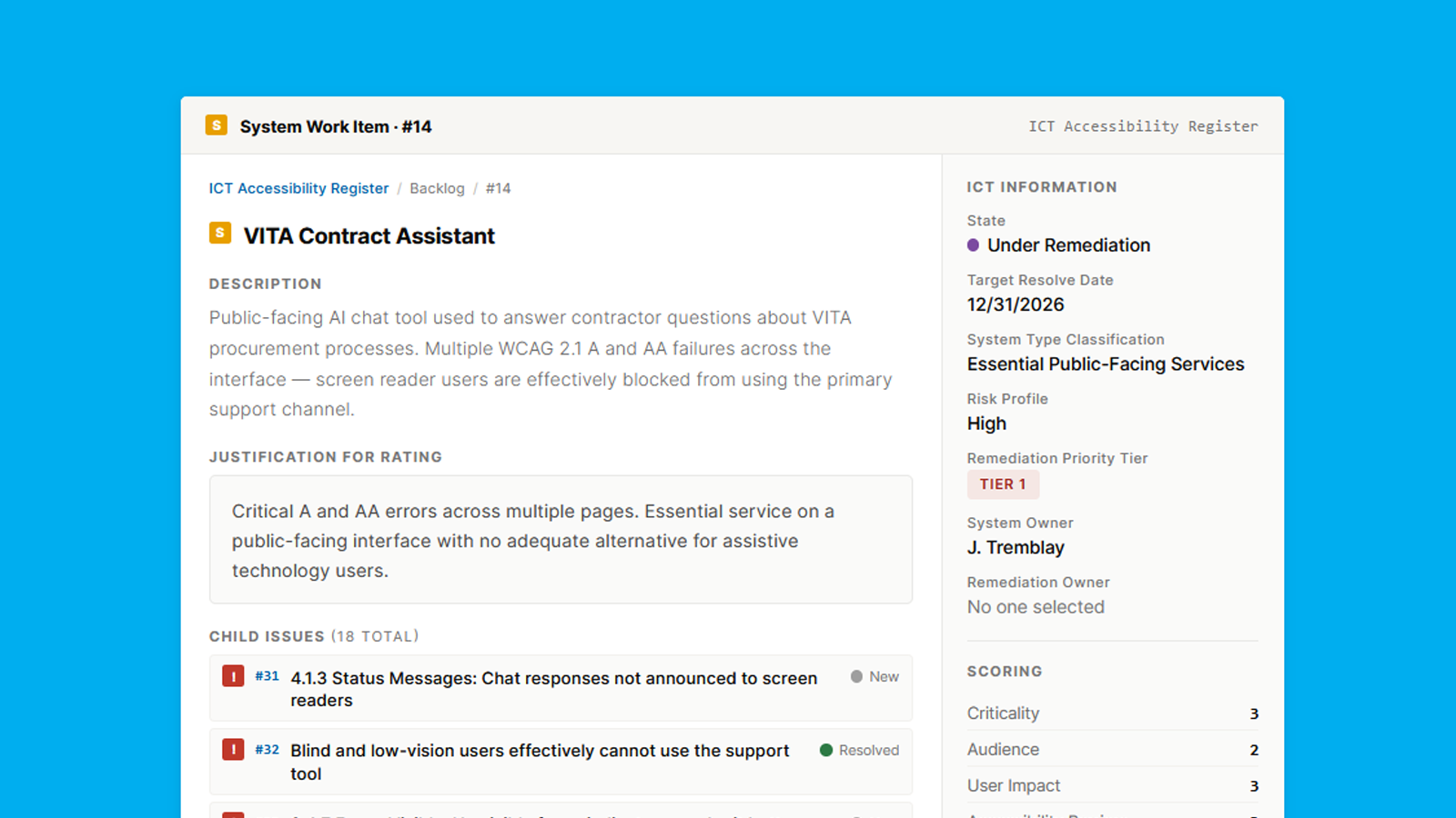 ITC accessibility triage register issue page in Azure DevOps