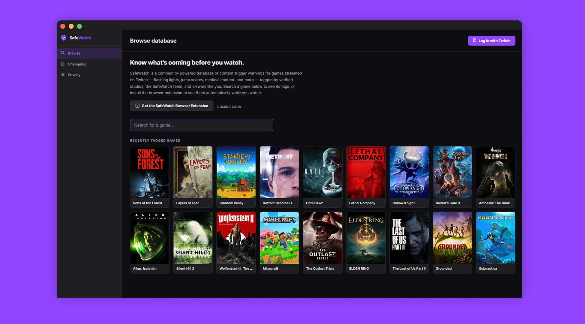 The SafeWatch public database, headed &ldquo;Know what&rsquo;s coming before you watch.&rdquo;, with a game search field and a row of recently tagged games shown as box art.