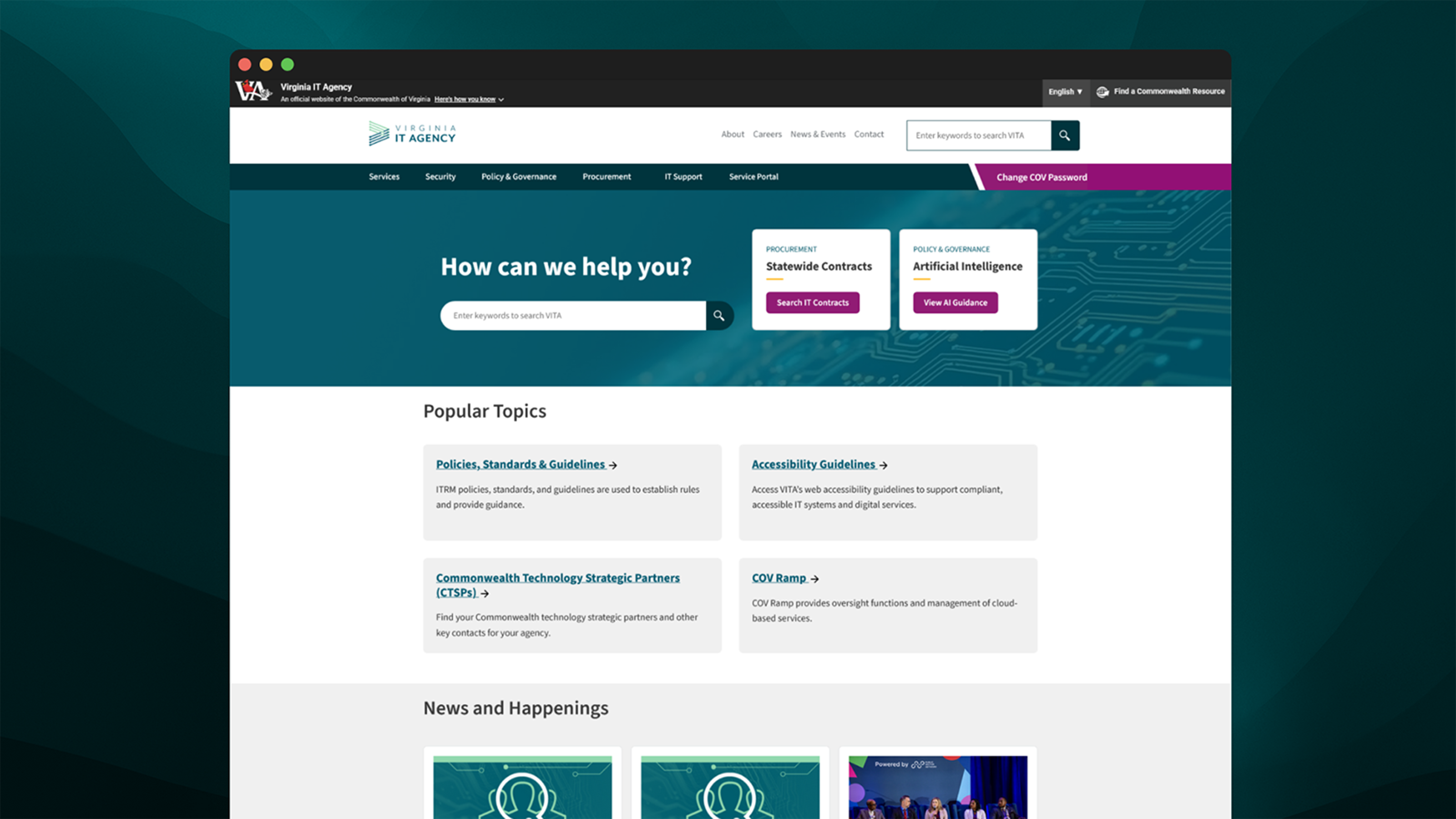 The redesigned Virginia IT Agency homepage, with a &ldquo;How can we help you?&rdquo; search, Statewide Contracts and Artificial Intelligence cards, and Popular Topics links.